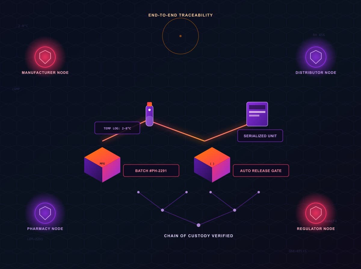 Isometric diagram of a pharmaceutical blockchain chain-of-custody network from manufacturing to pharmacy dispense